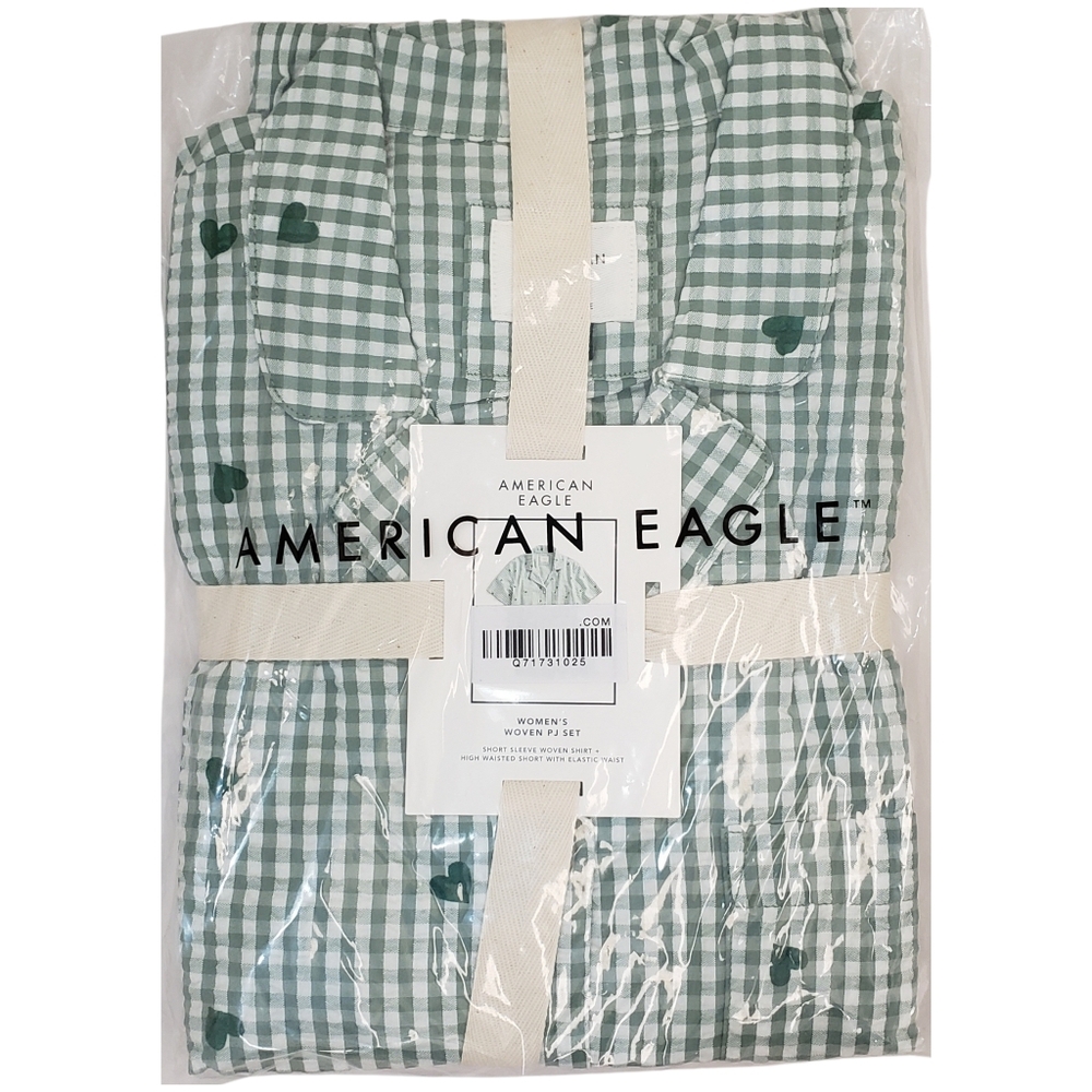 American Eagle Outfitters Green Gingham Heart Print Pajama Set